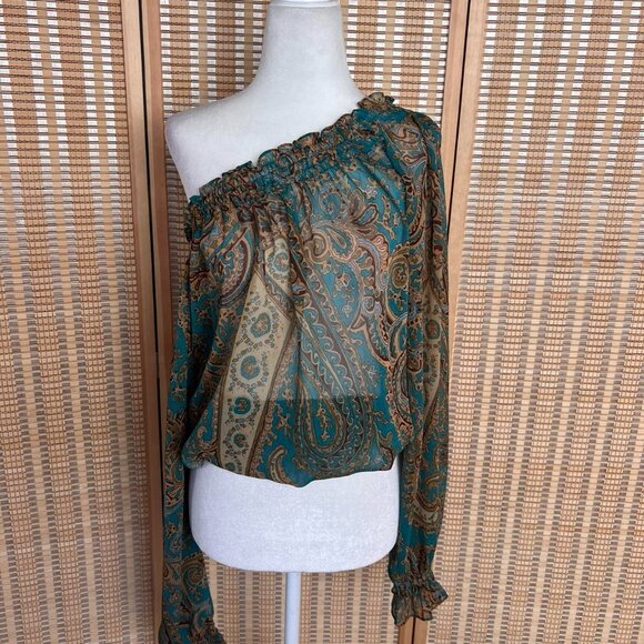 Vintage Y2K Rave boho turquoise and tan paisley print long sleeve blouse - Picture 2 of 6